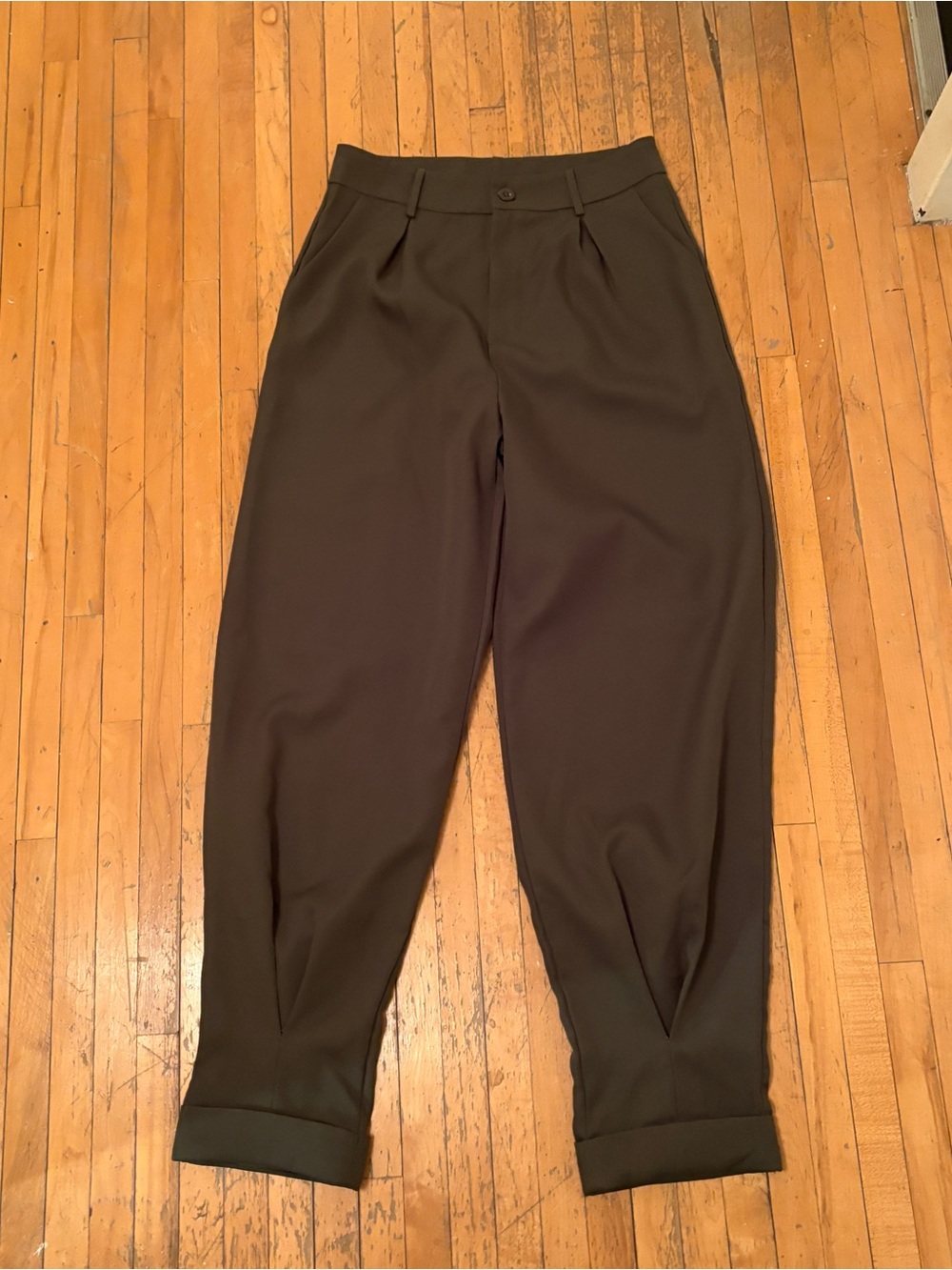 High-Rise Dark Green Pleated Cuffed Barrel Leg Trousers/Pants Size Small